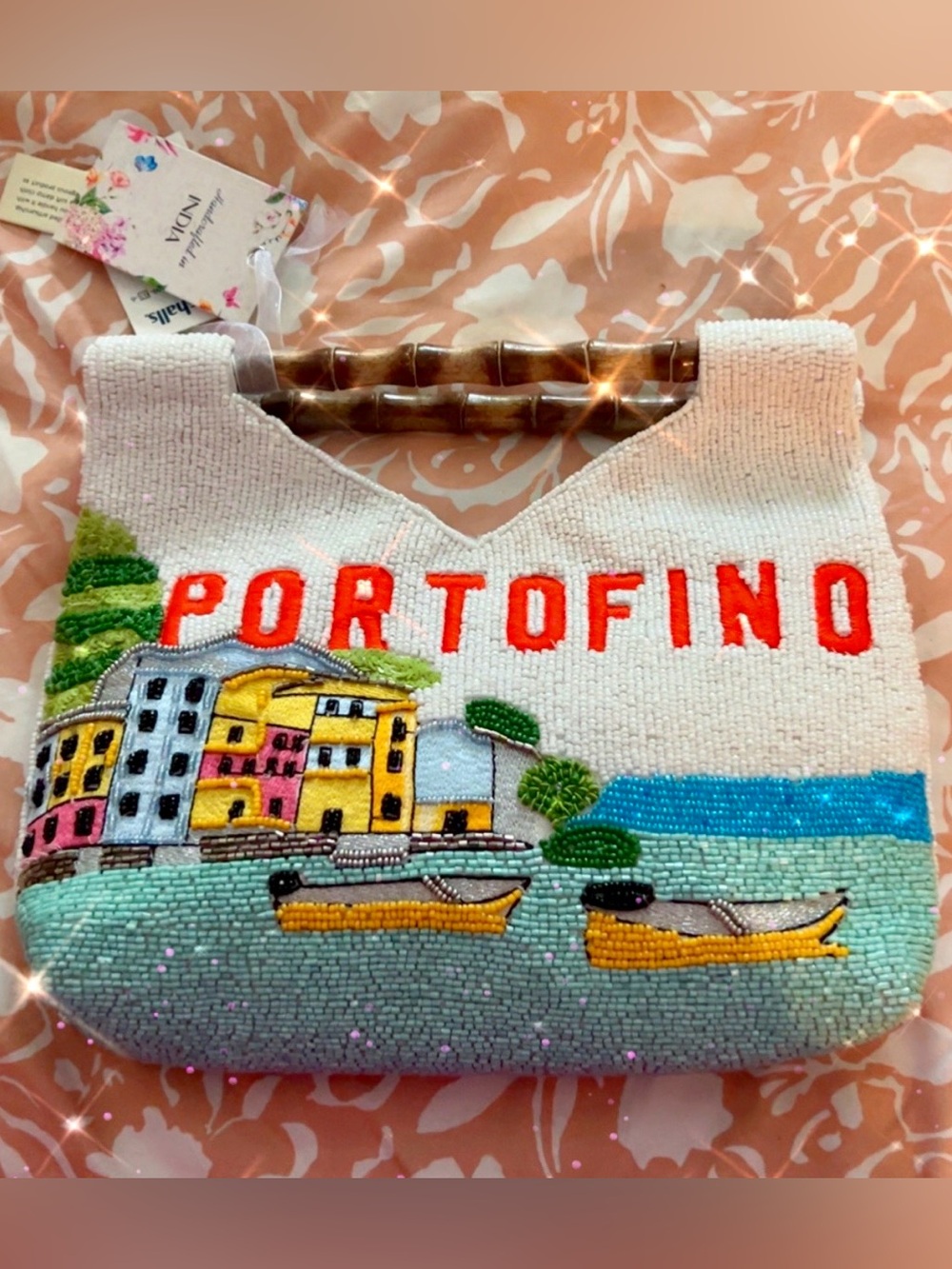 Portofino Beaded Italian Scene Clutch Bag With Wooden Handles.